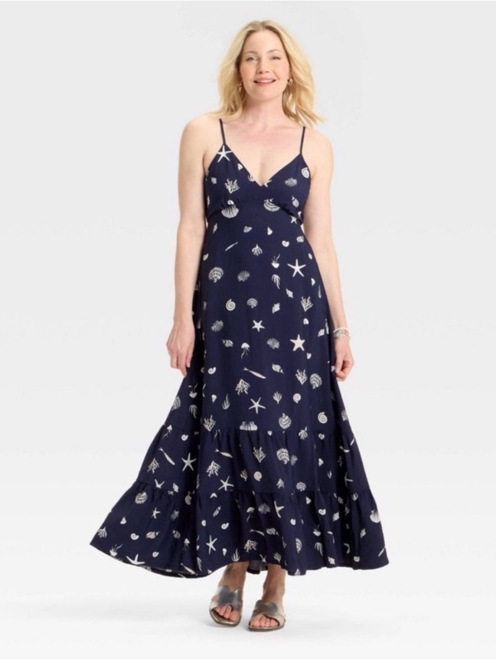 🐚🌊Coastal A New Day navy blue seashell print spaghetti strap maxi dress size Med